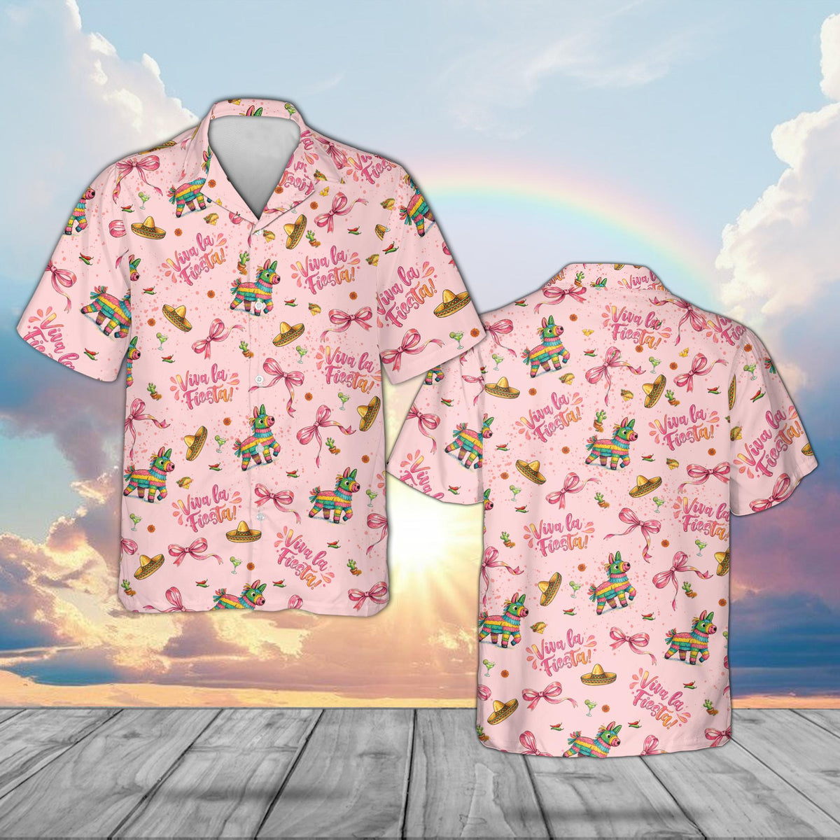 Pink holiday hawaiian shirt with Viva la Fiesta design, front view
