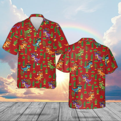 Red matching family hawaiian shirts with dinosaur taco design, front view