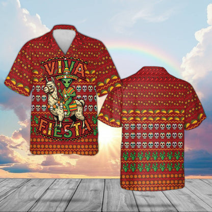 Red variation of the festive Cinco de Mayo Hawaiian shirt, front view