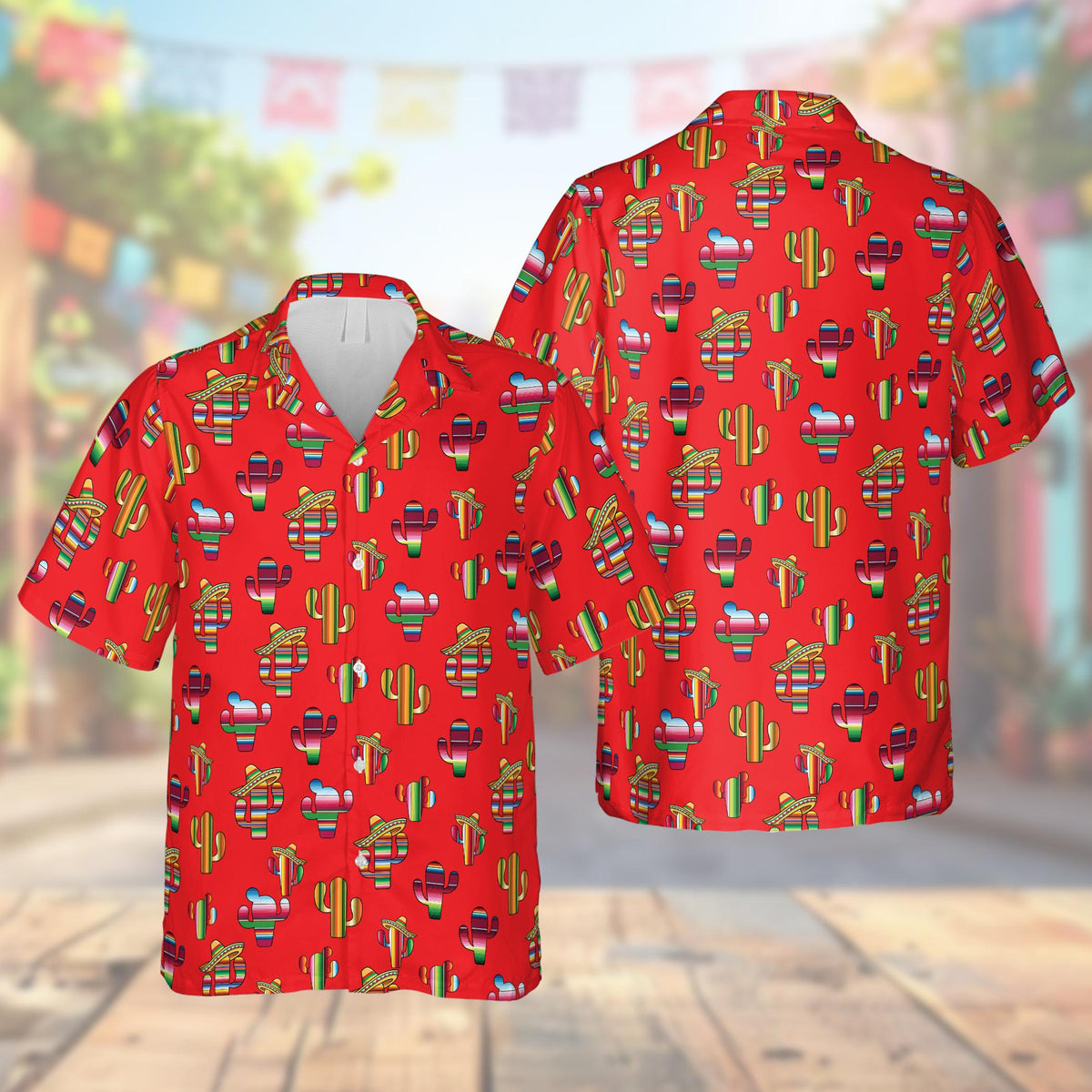 Red cinco de mayo hawaiian shirt front view with colorful cactus print