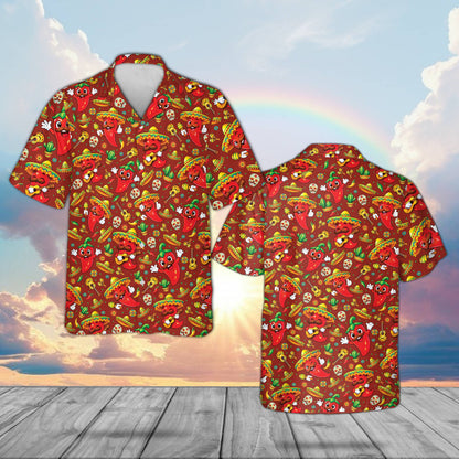 Red cinco hawaiian shirt featuring chili pepper and guitar pattern, front view