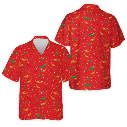 Red cinco de mayo hawaiian shirt with festive chili peppers and confetti, front view