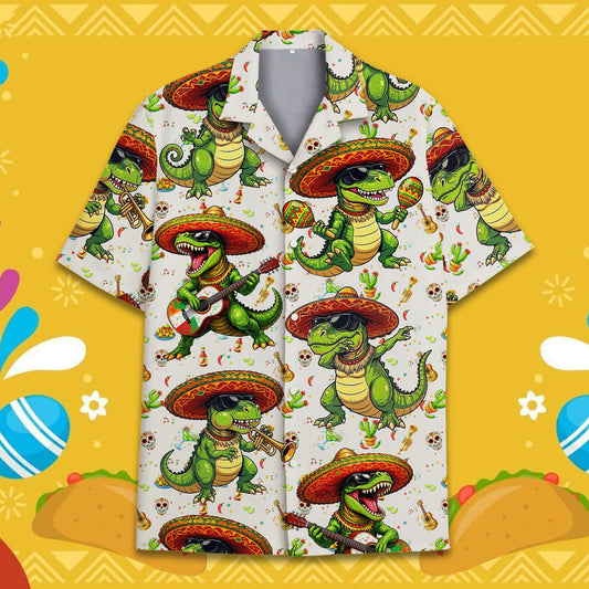 Main view of the Cinco de Mayo T-Rex hawaiian shirt with musical dinosaurs