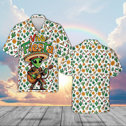 White hawaiian shirt with an alien and taco fiesta pattern, front view.