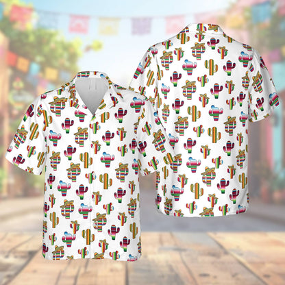 Family wearing matching cinco de mayo hawaiian shirts featuring a colorful cactus fiesta print on a white background