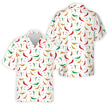 White cinco de mayo hawaiian shirt featuring red, green, and yellow chili peppers, front view