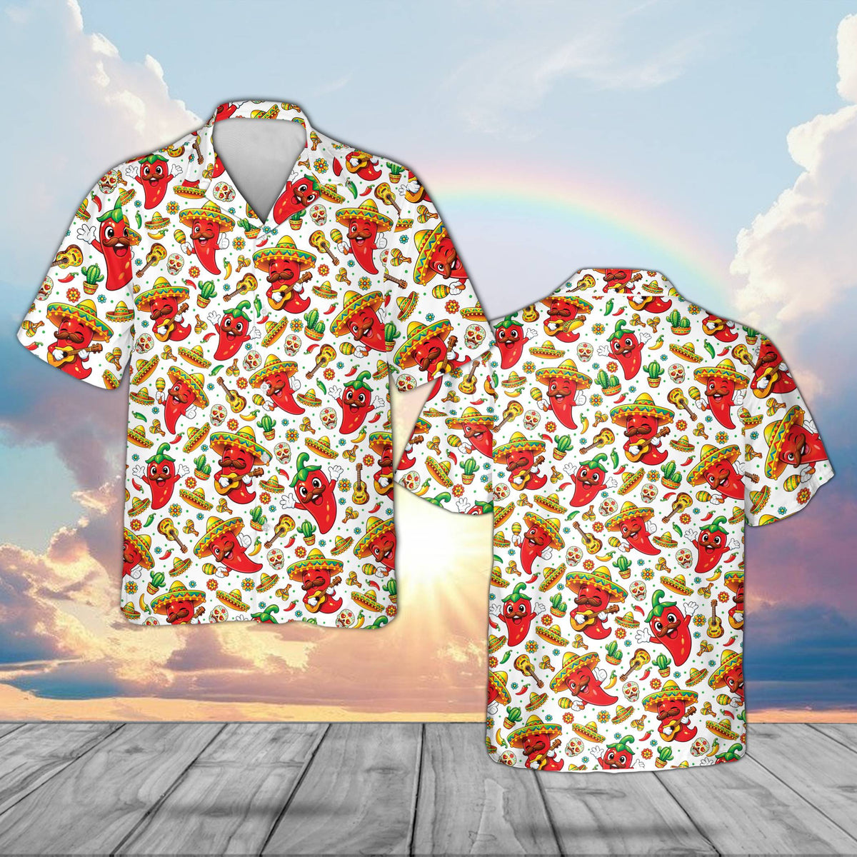 White matching family hawaiian shirts with festive chili pepper pattern, front view