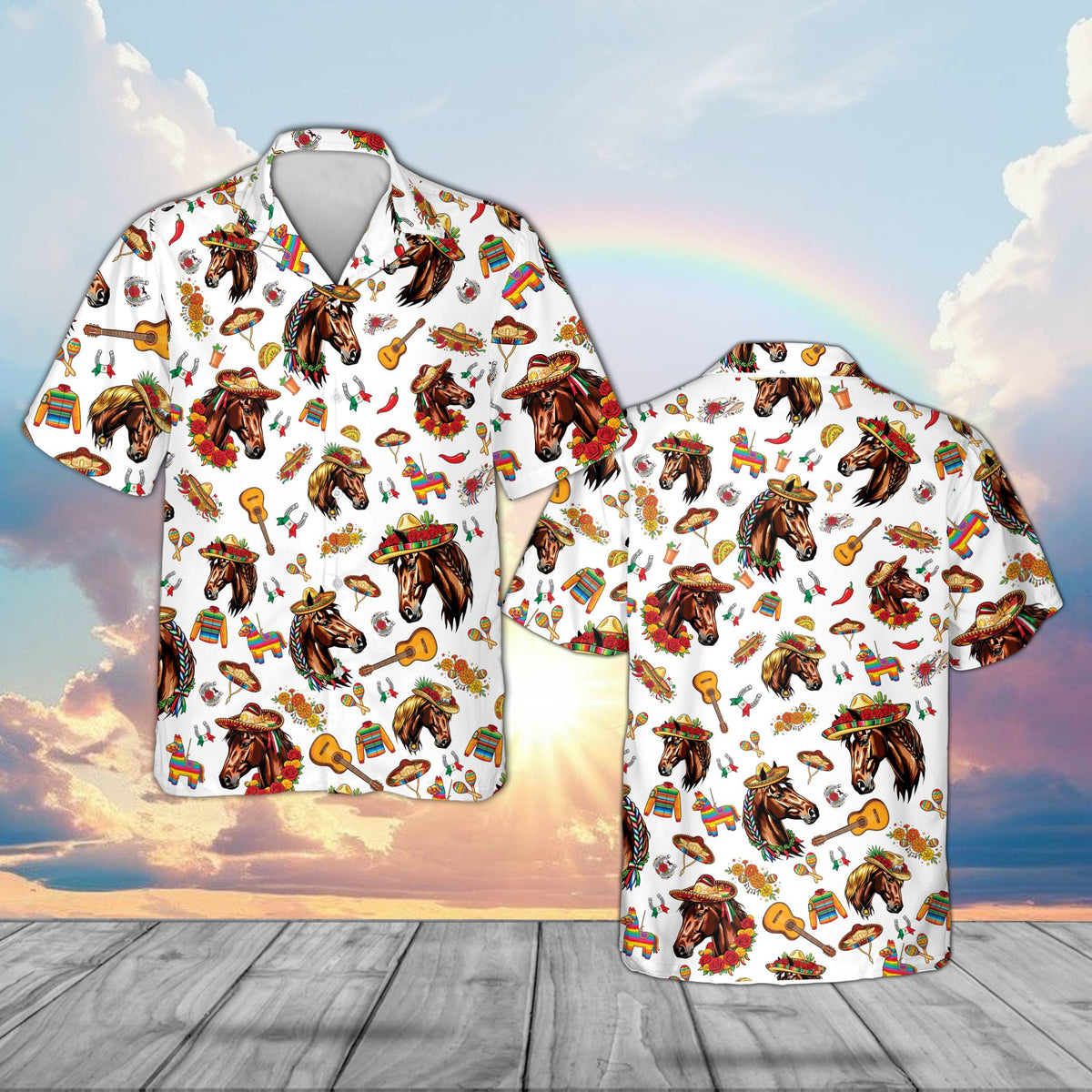 Cinco de Mayo hawaiian shirt featuring sombrero horses on white background, front view