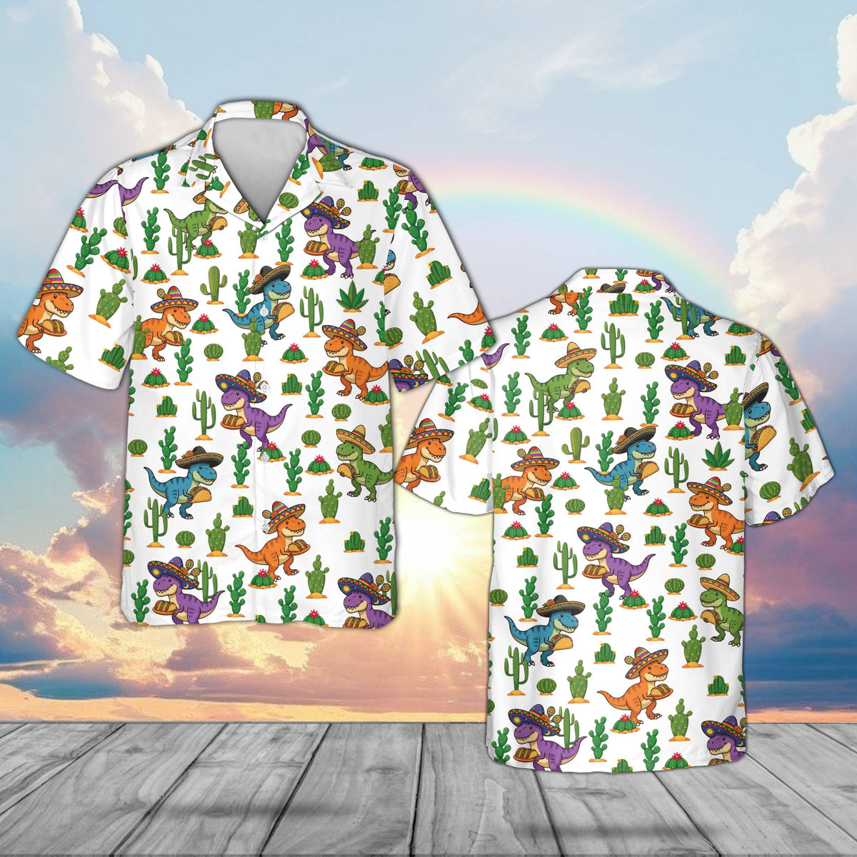 White cinco de mayo hawaiian shirt with T-Rex and tacos pattern, front view