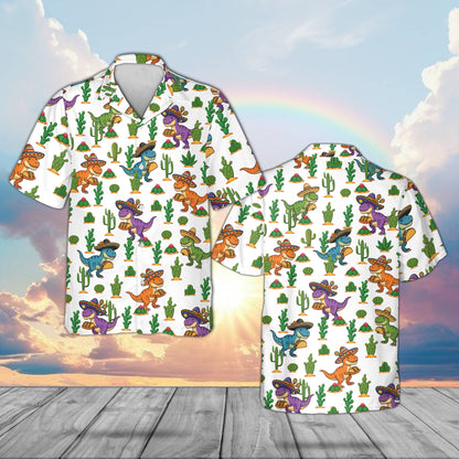 White cinco de mayo hawaiian shirt with T-Rex and tacos pattern, front view