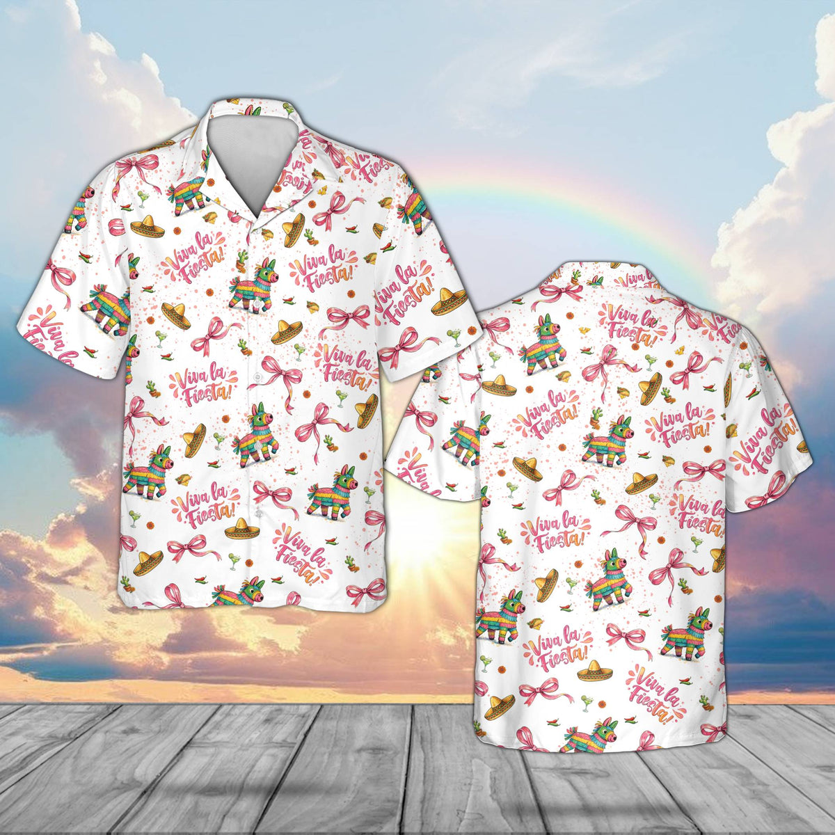 White cinco de mayo hawaiian shirt with colorful piñatas and sombreros, front view