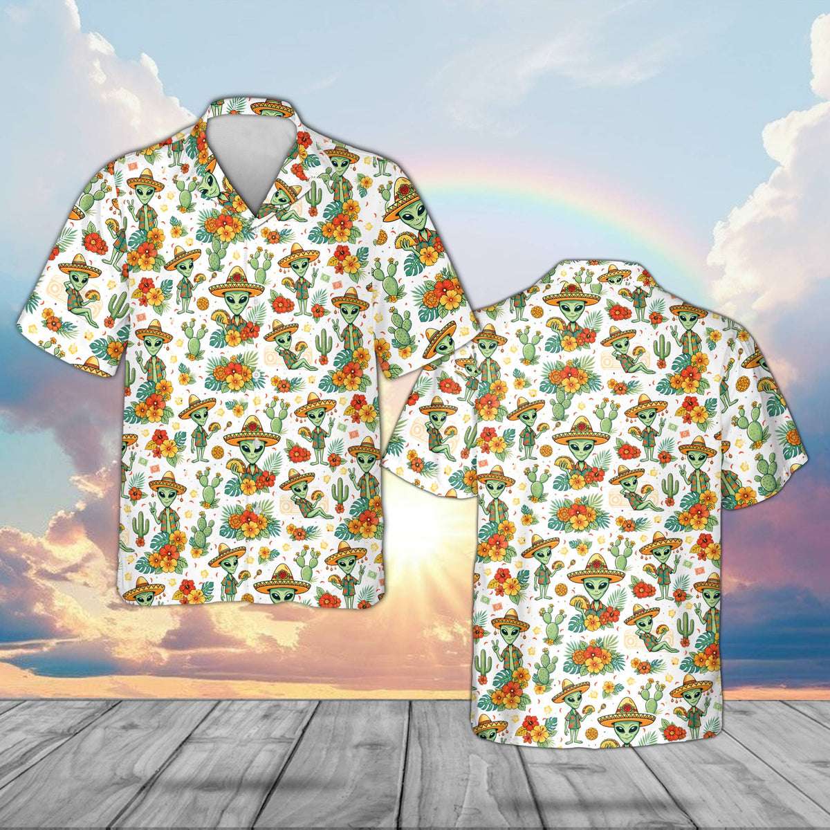 Front view of a white matching family hawaiian shirt with alien and taco pattern
