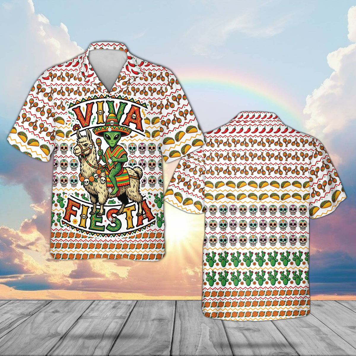 White cinco hawaiian shirt with alien llama fiesta design, front view
