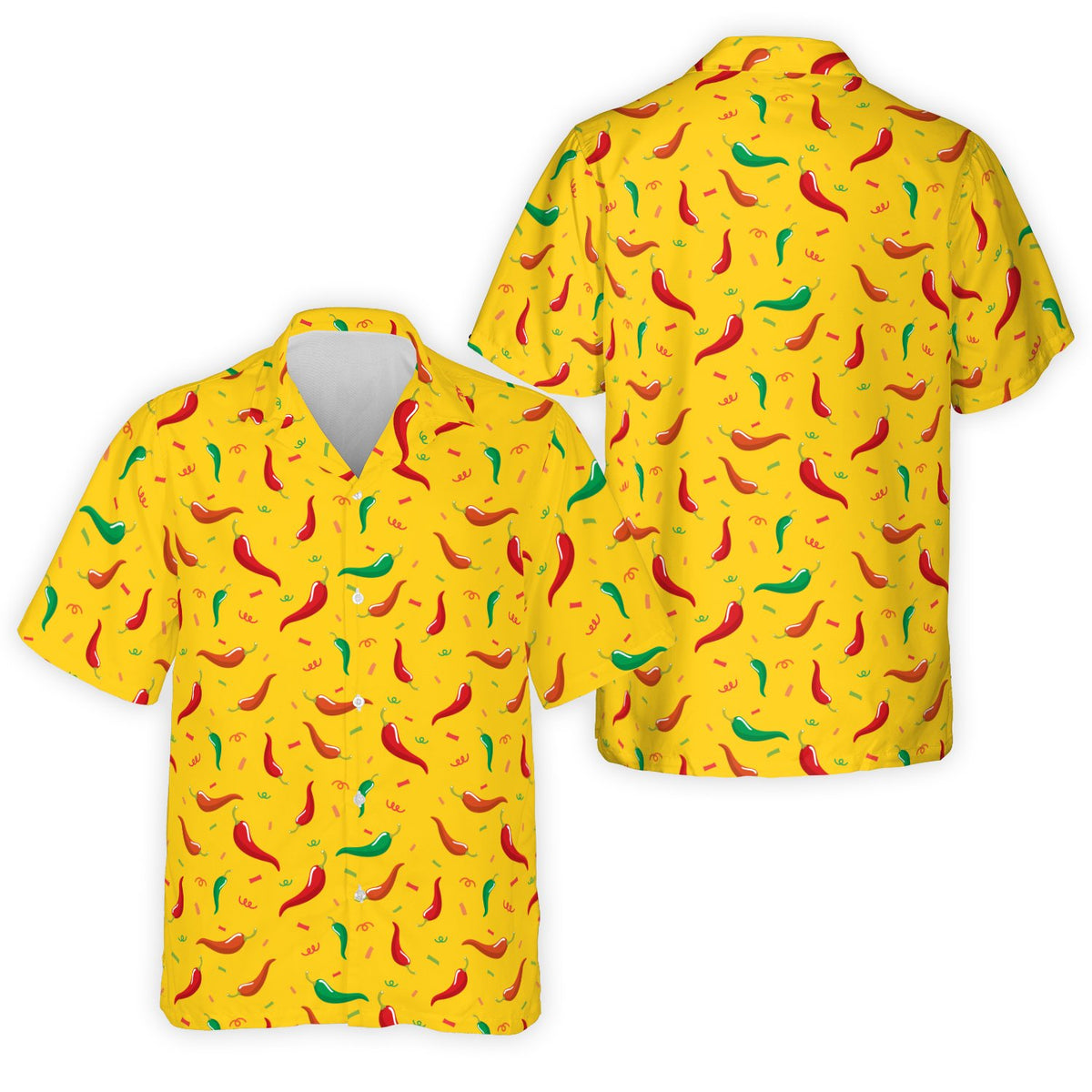 Yellow cinco de mayo hawaiian shirt with abstract chili pepper pattern, front view