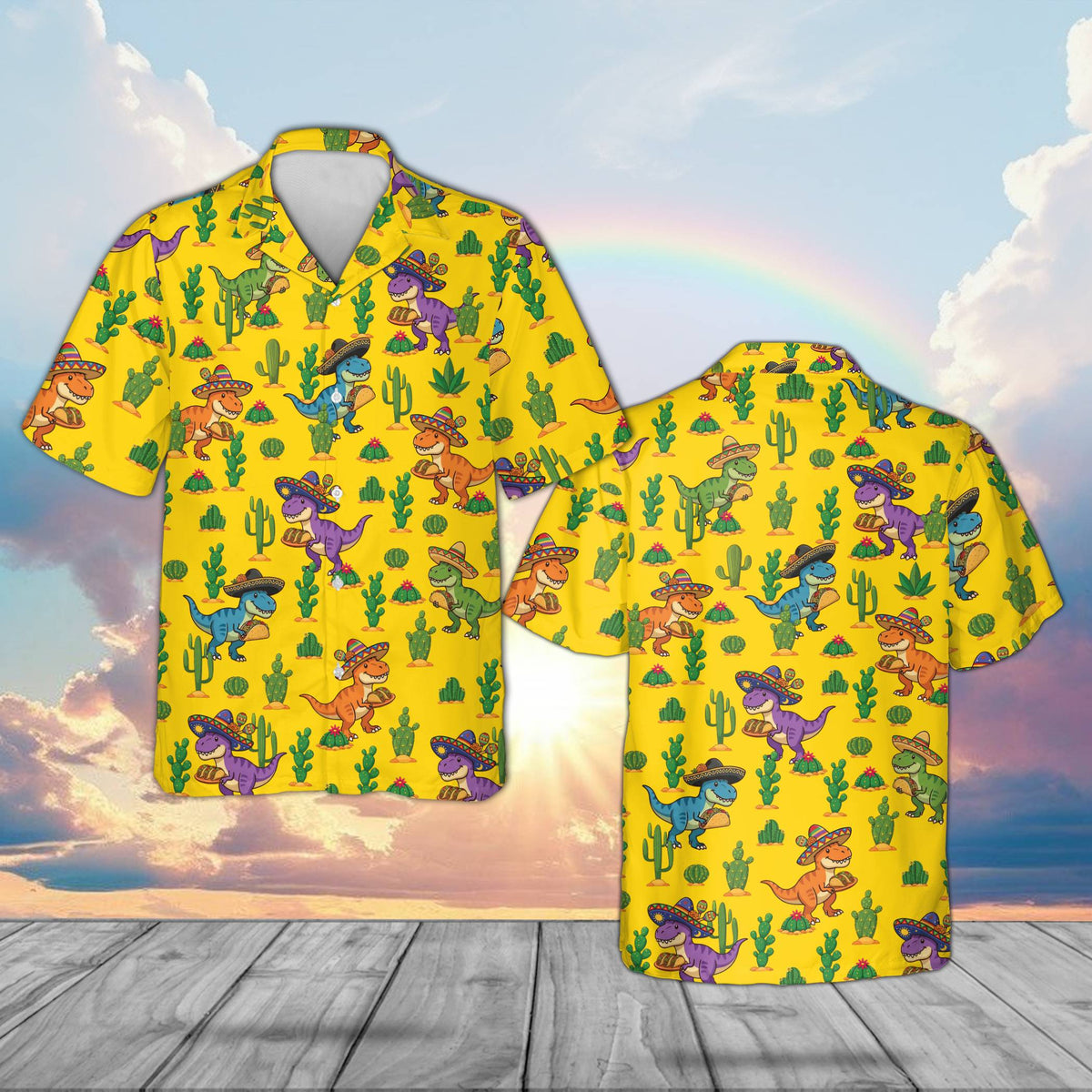 Yellow family hawaiian shirts with Cinco de Mayo dinosaur print, front view