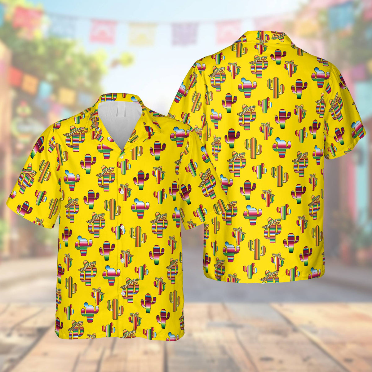 Yellow cinco de mayo hawaiian shirt front view with colorful cactus print