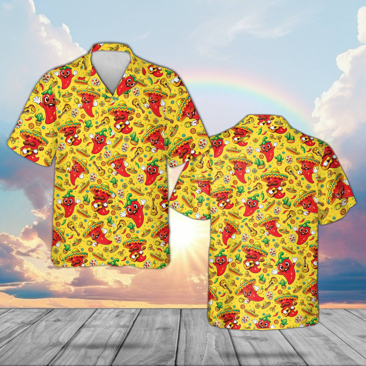 Yellow family matching hawaiian shirt with fiesta design, front view