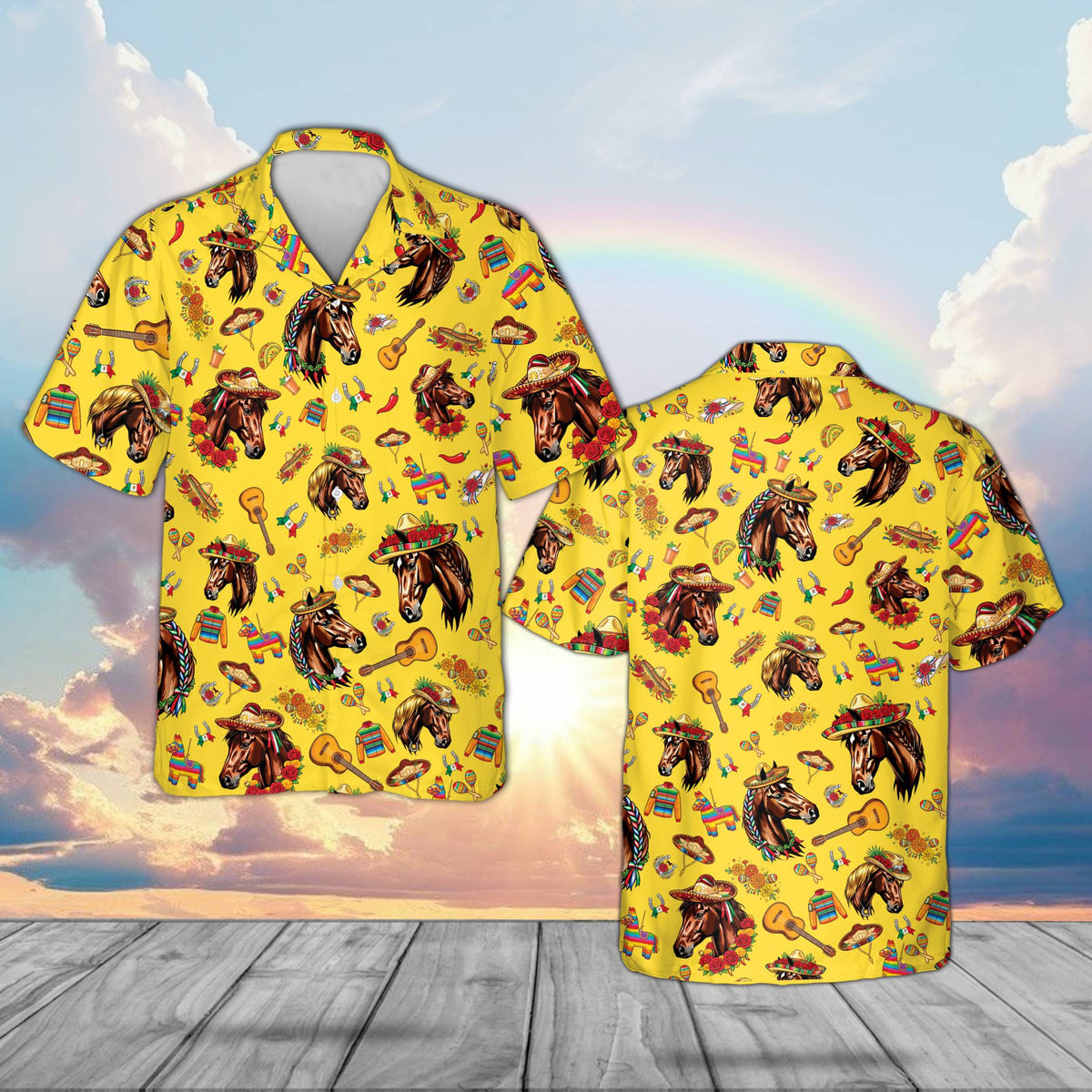 Cinco de Mayo hawaiian shirt in yellow, front view