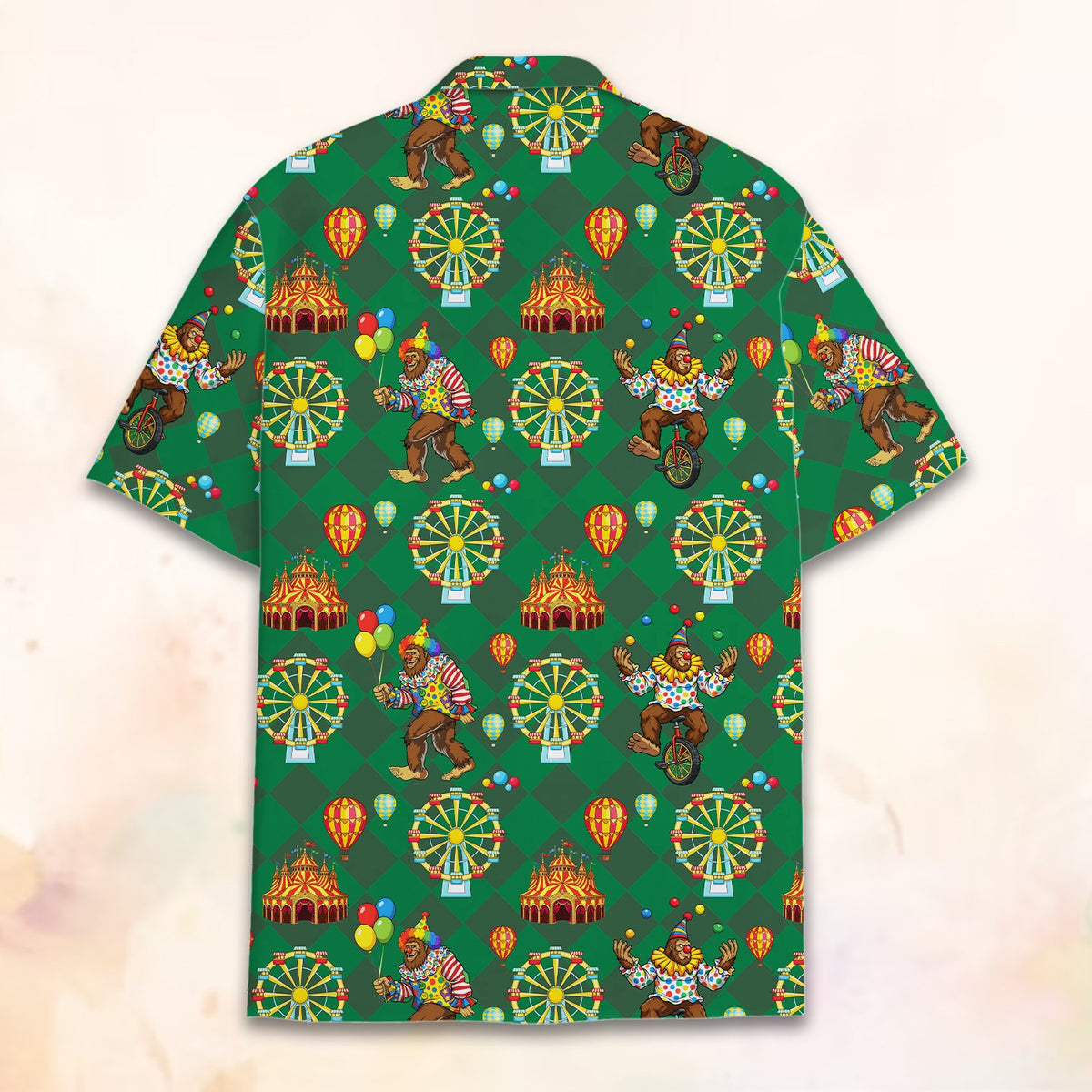 Detailed back view showing the vibrant all-over bigfoot pattern
