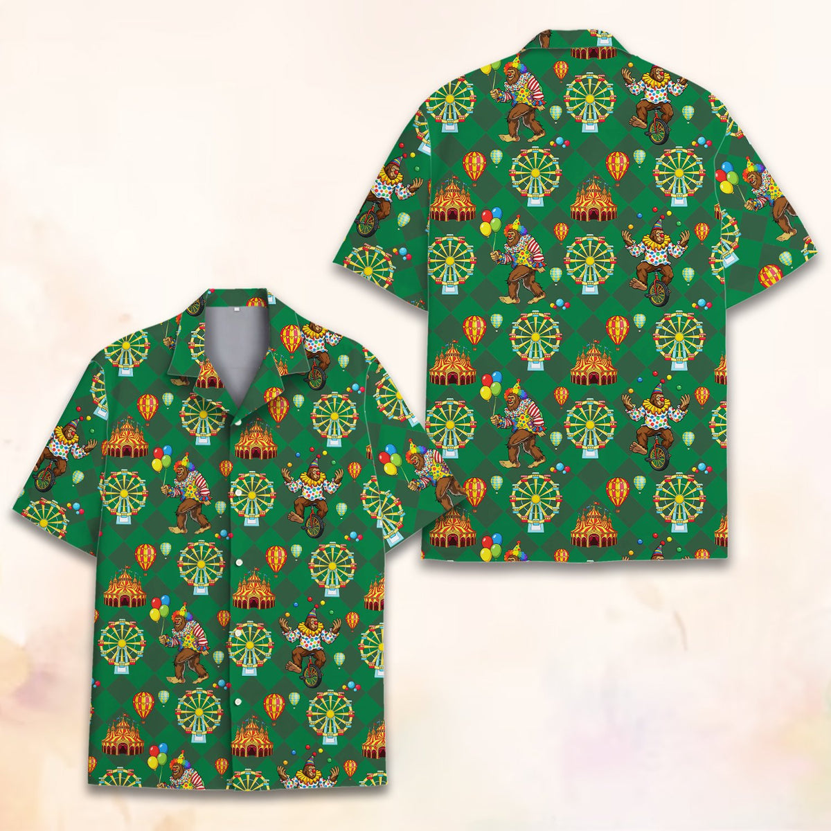 Close up front view of the green circus hawaiian shirt pattern