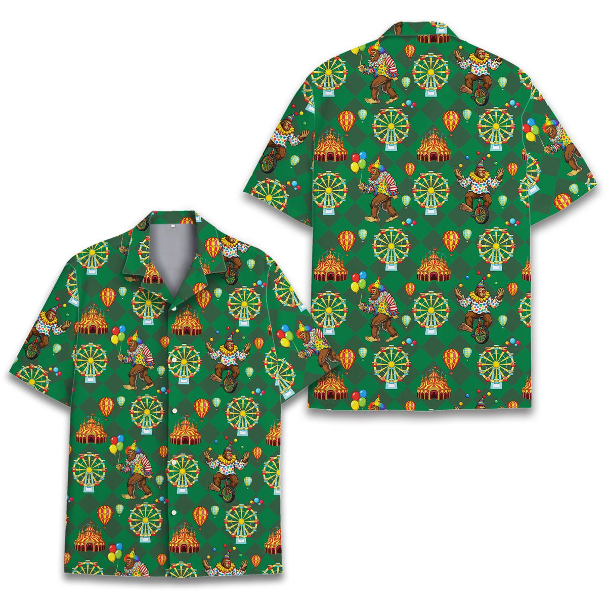 Main view of the green circus bigfoot hawaiian shirt featuring a juggling bigfoot pattern
