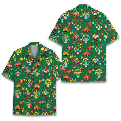 Main view of the green circus bigfoot hawaiian shirt featuring a juggling bigfoot pattern