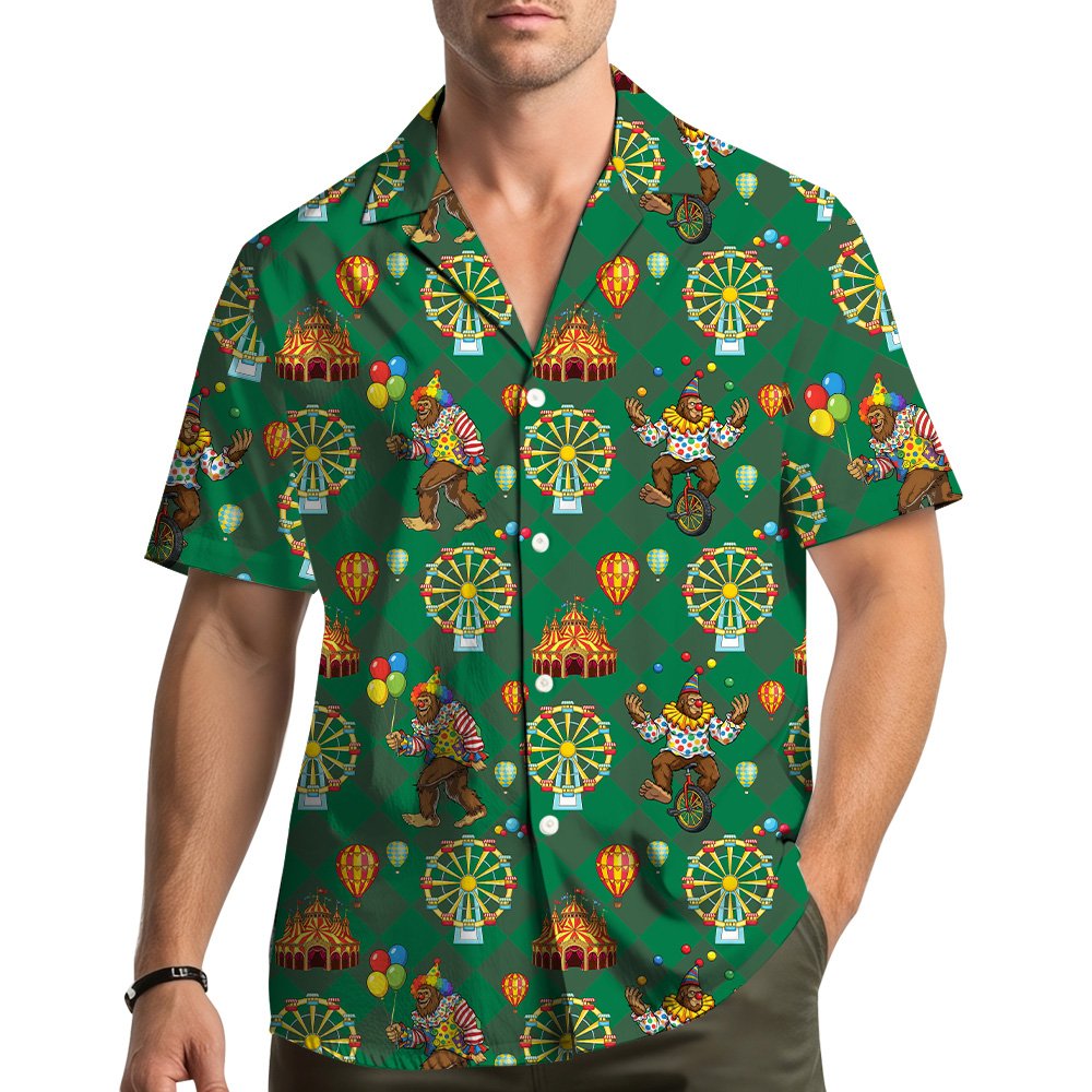 Lifestyle view of someone wearing the circus bigfoot hawaiian shirt outdoors