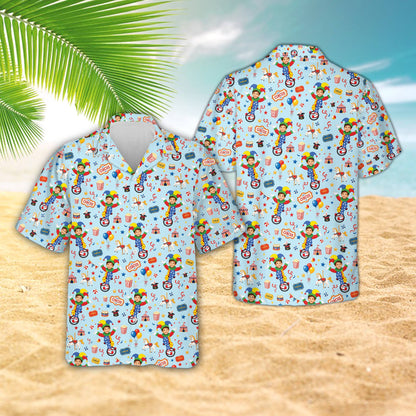 Matching family Hawaiian shirts featuring a multicolor circus pattern with custom name and number, front view on blue