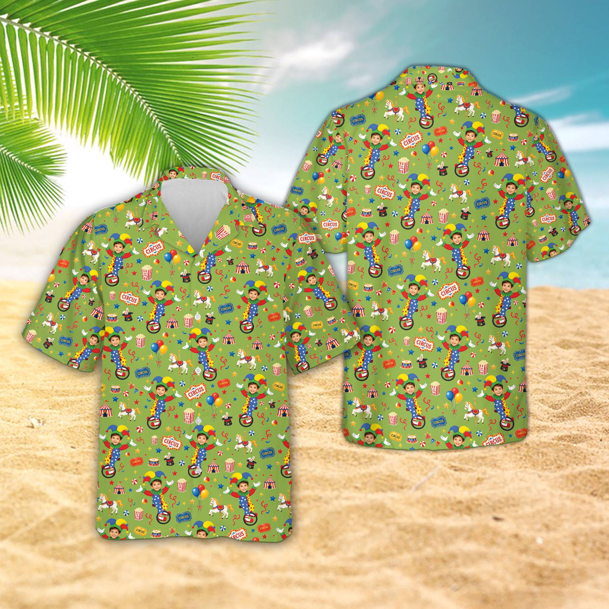 Matching family Hawaiian shirts featuring a multicolor circus pattern with custom name and number, front view on green