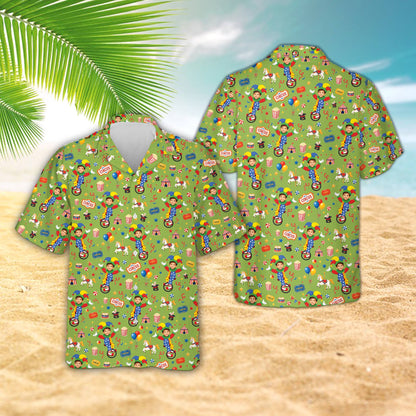 Matching family Hawaiian shirts featuring a multicolor circus pattern with custom name and number, front view on green