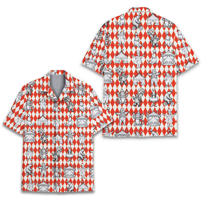 Red circus hawaiian shirt with vintage illustrations and harlequin background, back view