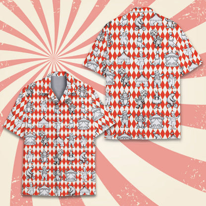 Red circus hawaiian shirt with vintage illustrations and harlequin background, front view alternate 1