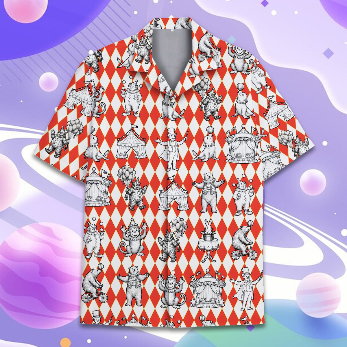 Red circus hawaiian shirt with vintage illustrations and harlequin background, front view alternate 2