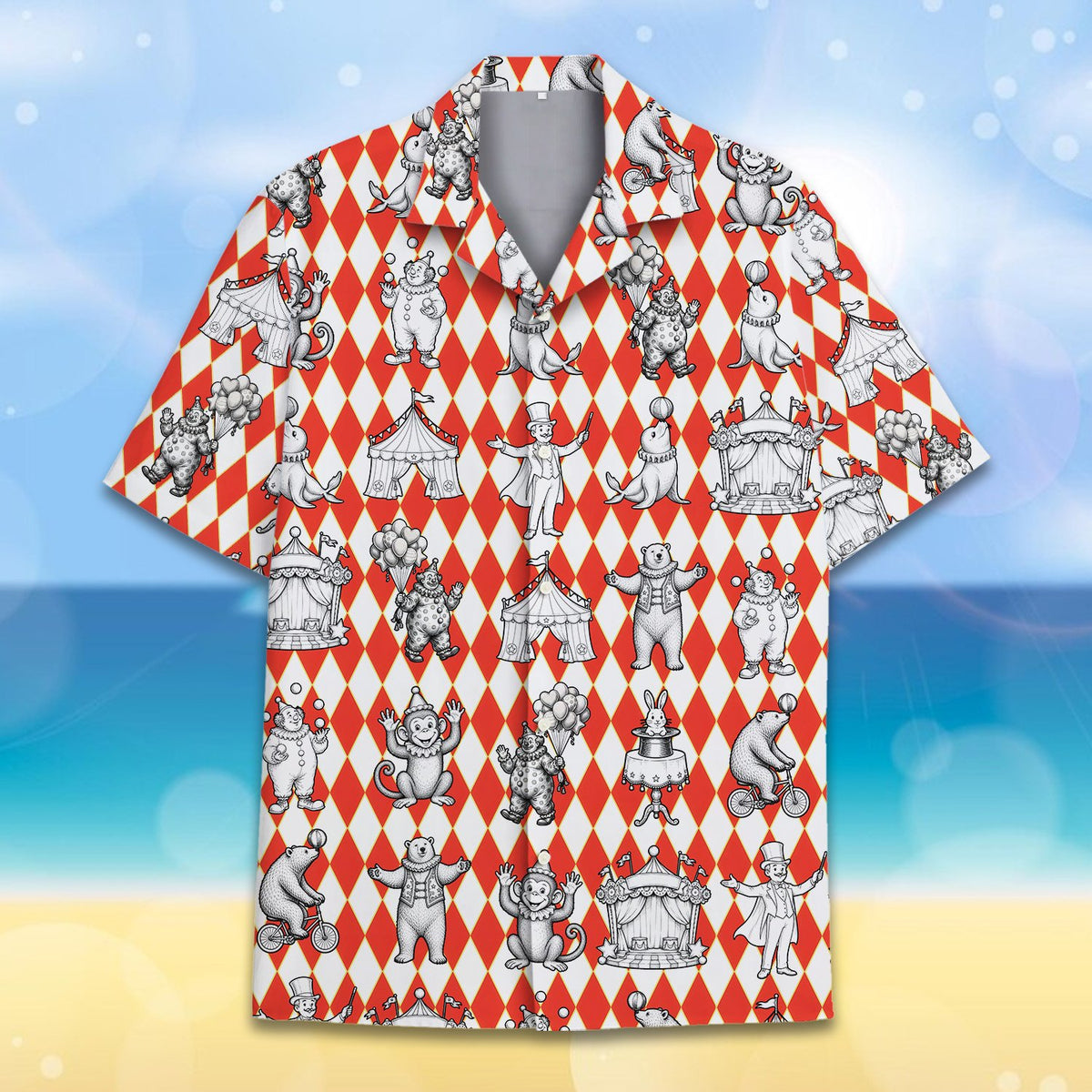 Red circus hawaiian shirt with vintage illustrations and harlequin background, front view alternate 3