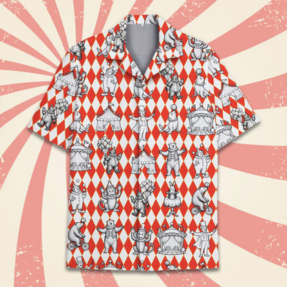 Red circus hawaiian shirt with vintage illustrations and harlequin background, front view alternate 4