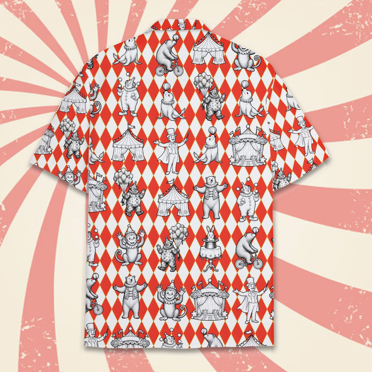 Red circus hawaiian shirt with vintage illustrations and harlequin background, front view alternate 5
