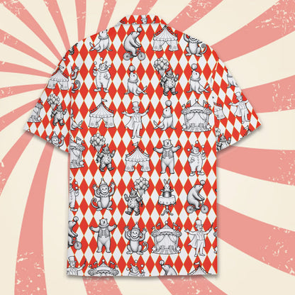 Red circus hawaiian shirt with vintage illustrations and harlequin background, front view alternate 5