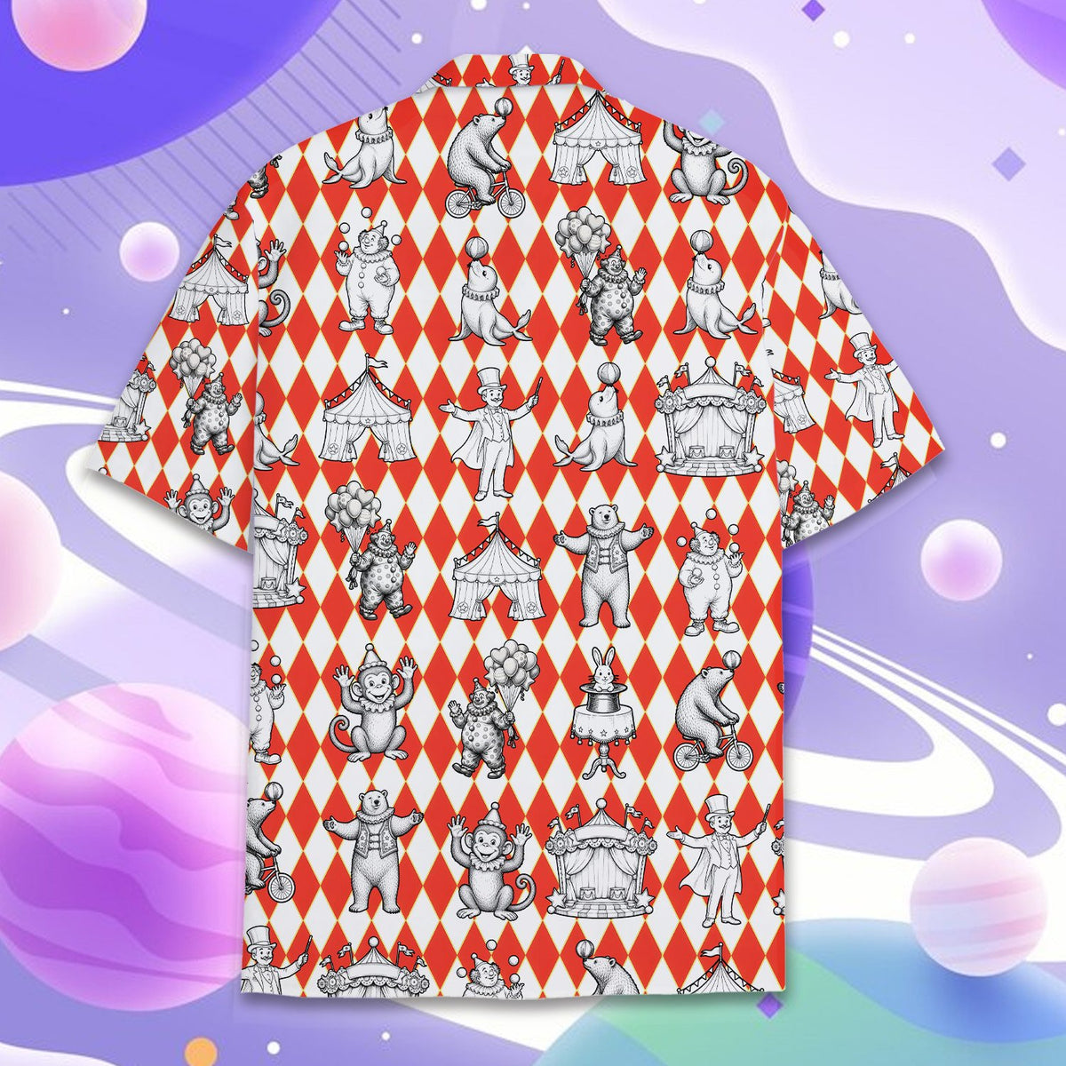 Red circus hawaiian shirt with vintage illustrations and harlequin background, front view alternate 6