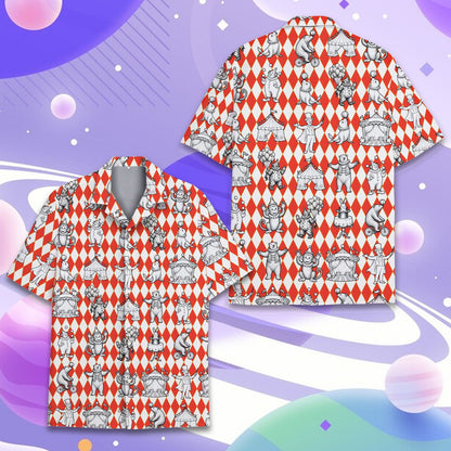 Red circus hawaiian shirt with vintage illustrations and harlequin background, main view
