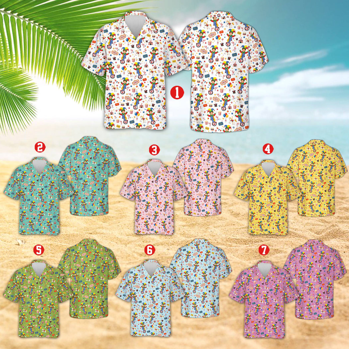 Matching family Hawaiian shirts featuring a multicolor circus pattern with custom name and number, close up view