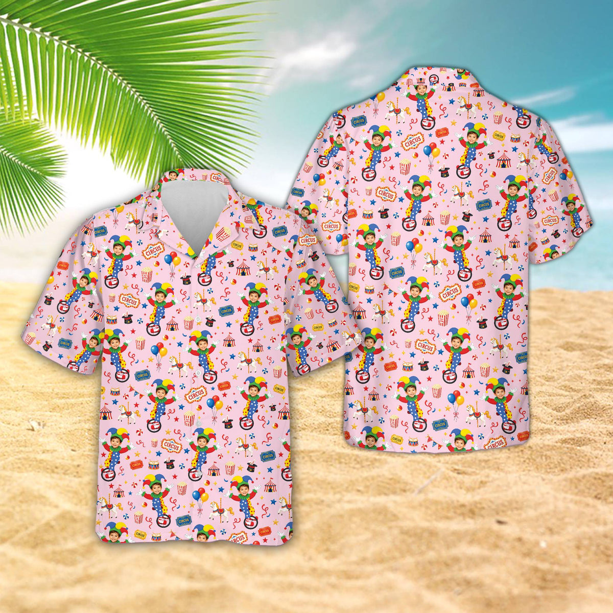 Matching family Hawaiian shirts featuring a multicolor circus pattern with custom name and number, front view on pink