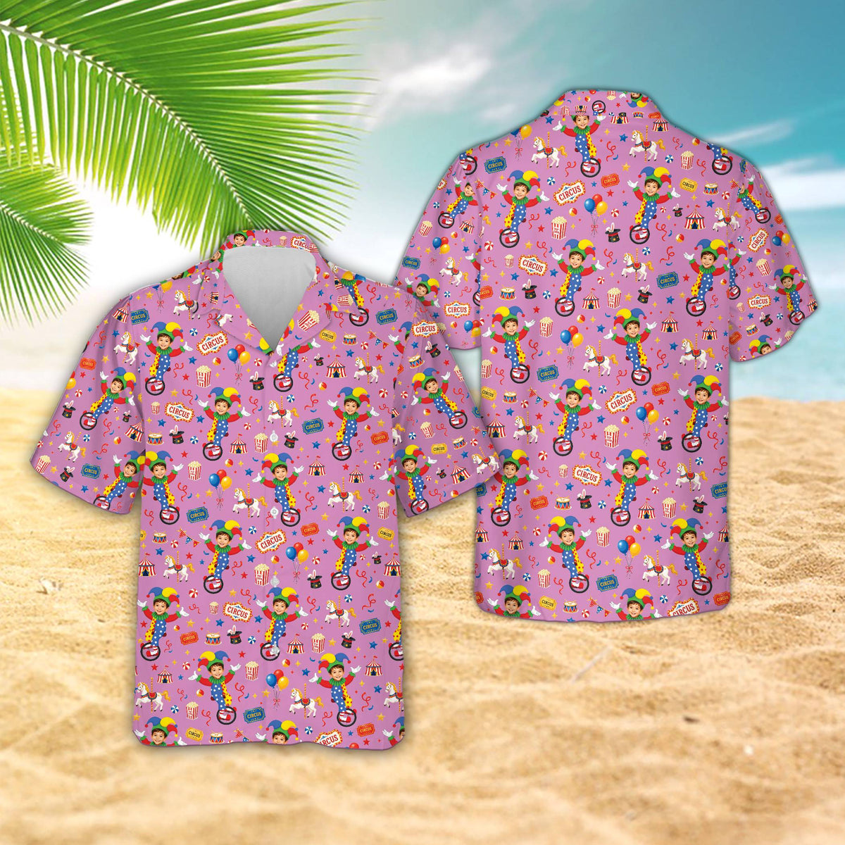 Matching family Hawaiian shirts featuring a multicolor circus pattern with custom name and number, front view on purple