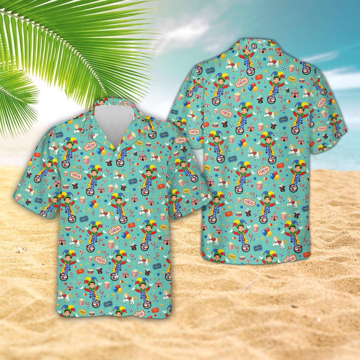 Matching family Hawaiian shirts featuring a multicolor circus pattern with custom name and number, front view on teal
