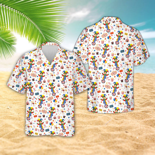 Matching family Hawaiian shirts featuring a multicolor circus pattern with custom name and number, main view