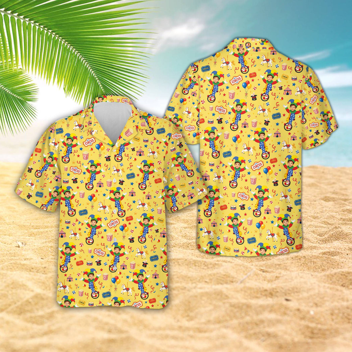 Matching family Hawaiian shirts featuring a multicolor circus pattern with custom name and number, front view on yellow