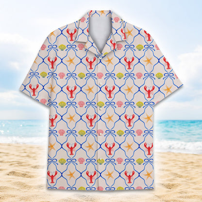 Matching family hawaiian shirt in beige with blue geometric grid, front view