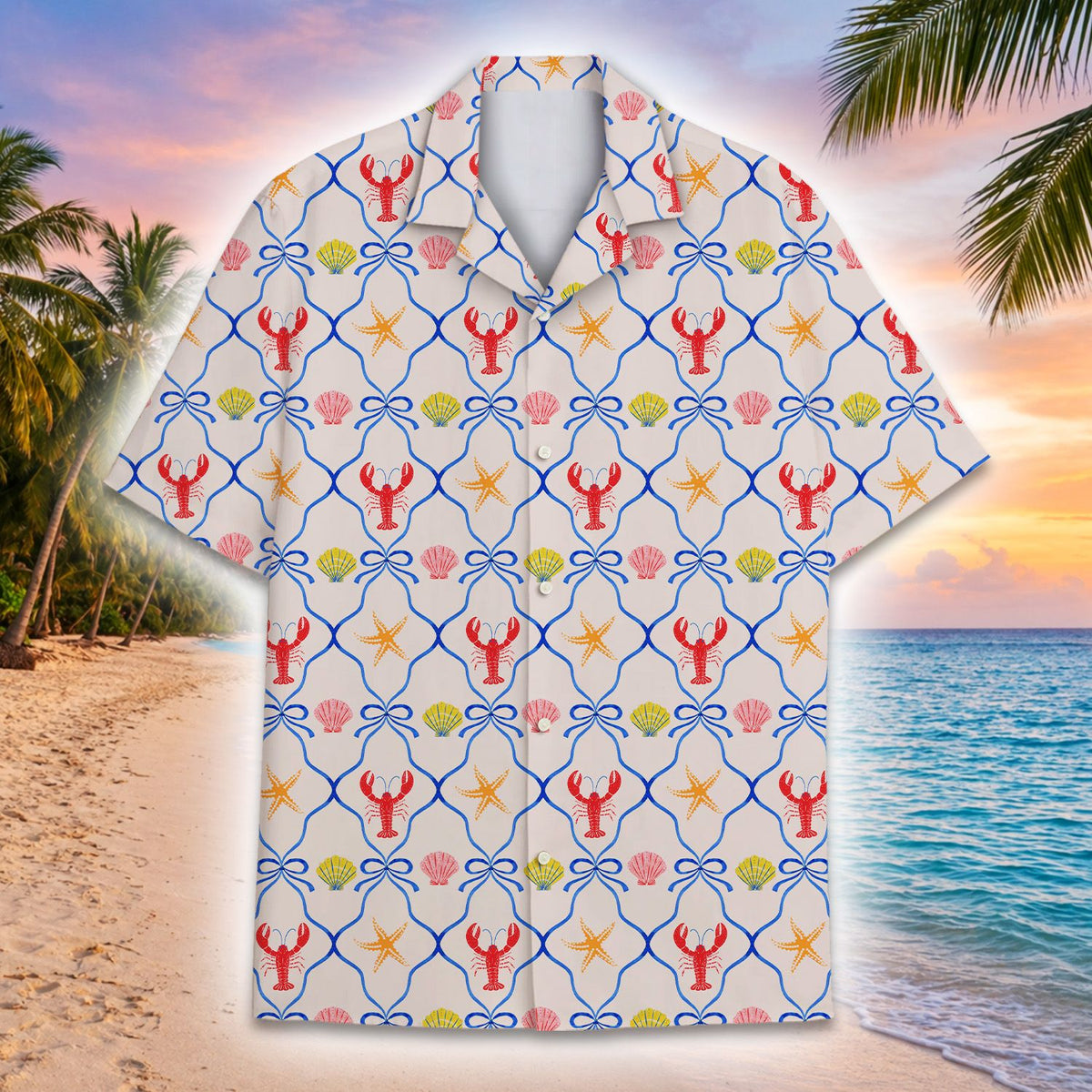Detailed front view of beige coastal hawaiian shirt for family matching
