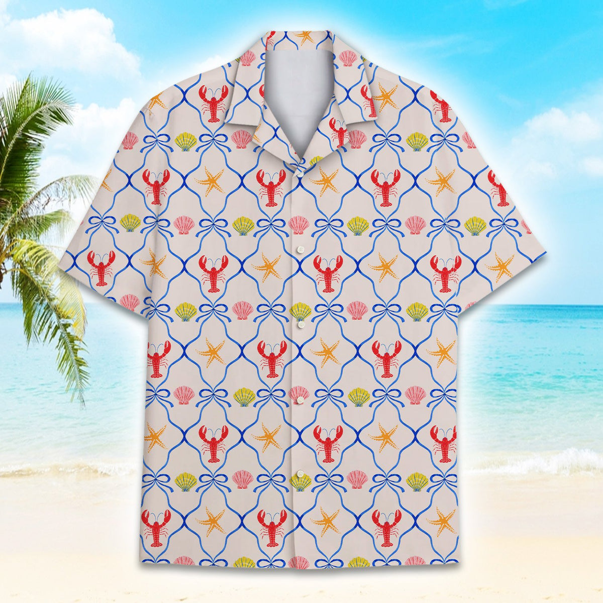 Beige coastal hawaiian shirt with red lobster and seashell pattern, main view