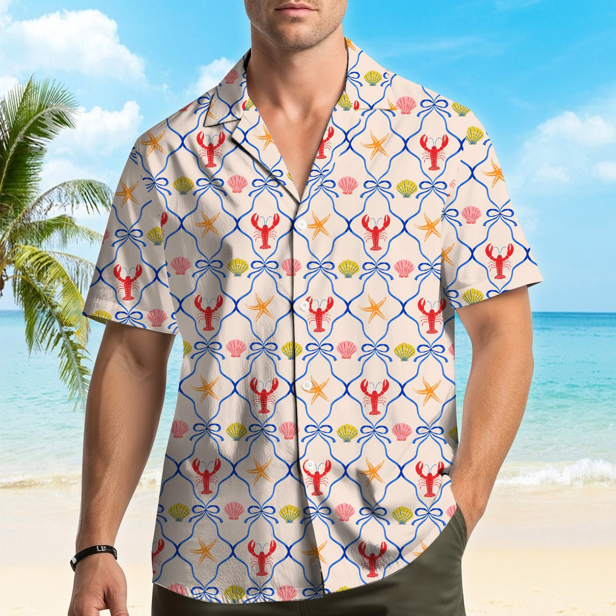 Second lifestyle view of the beige coastal hawaiian shirt in a summer setting