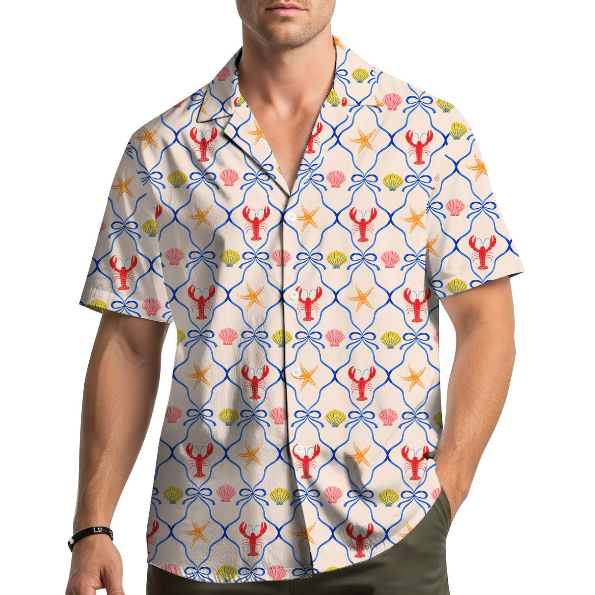 Lifestyle view of a family wearing matching beige coastal hawaiian shirts